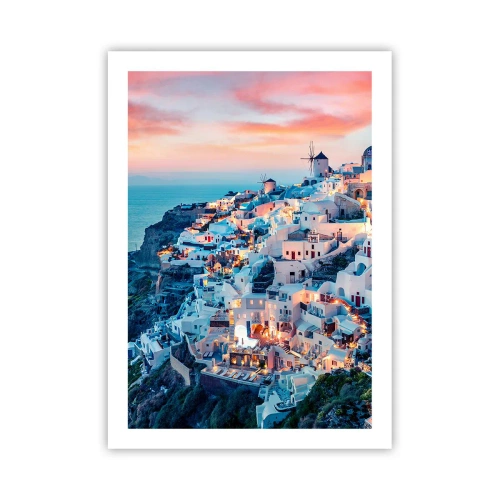 Poster - Malerischer Blick auf die beleuchteten Häuser auf Santorin bei Sonnenuntergang - 50x70cm - Dein toller griechischer Urlaub - Moderne Wanddekoration für Wohnzimmer und Schlafzimmer ARTTOR