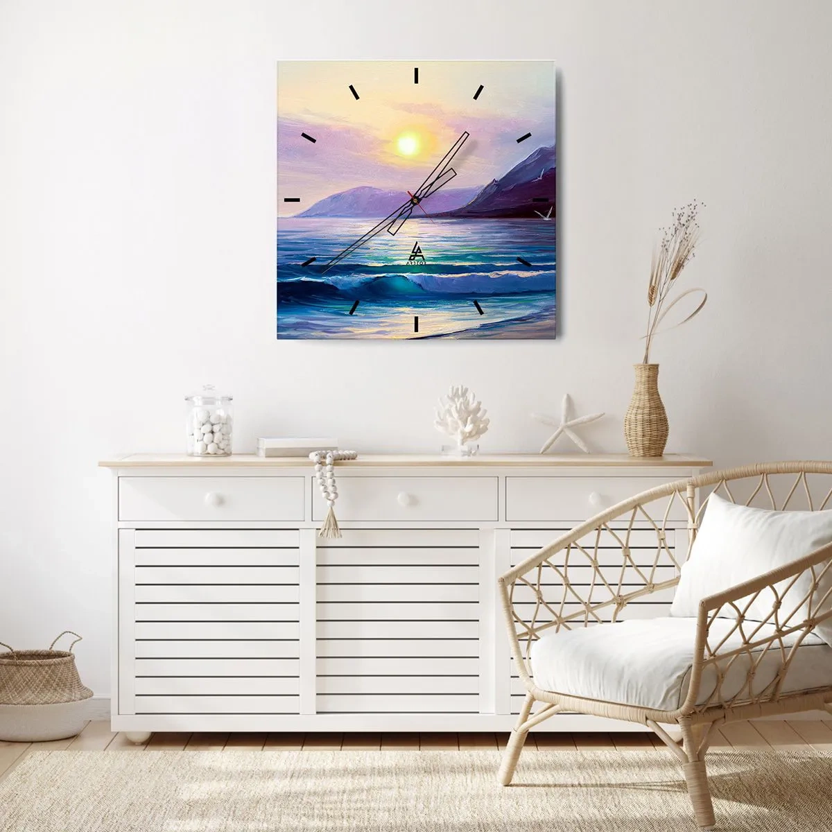 Wanduhr - Glasuhr - Eine malerische Meereslandschaft bei Sonnenuntergang mit Wellen und Bergen - 30x30cm - Wasser- und Luftkristall - Moderne Wanddekoration für Wohnzimmer und Schlafzimmer ARTTOR