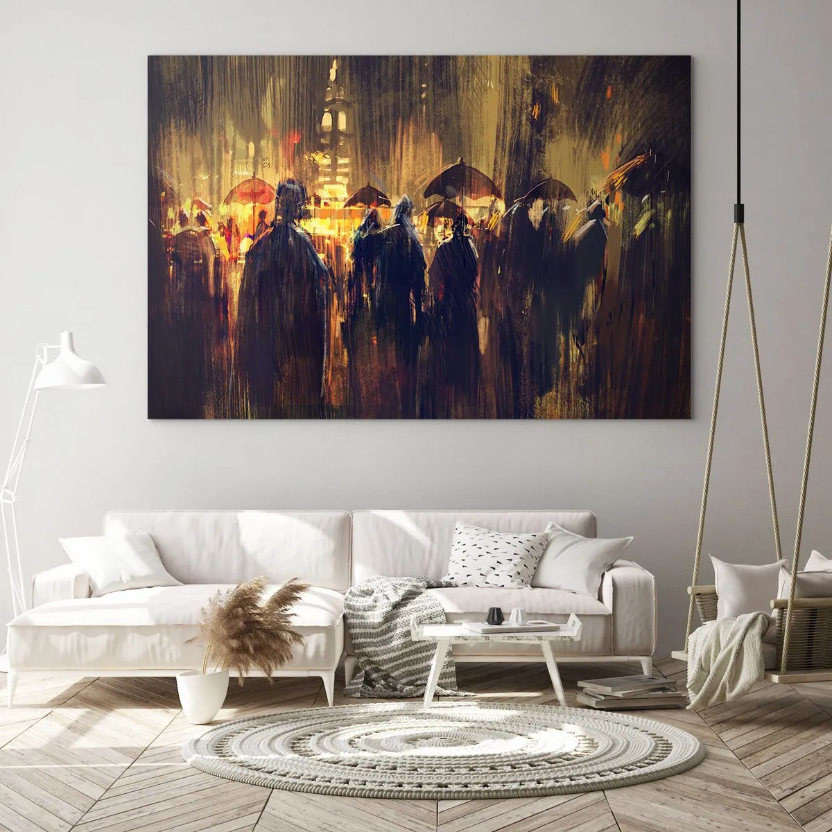Glasbild - Bild auf glas - Eine Menschenmenge mit Regenschirmen im Regen vor der Kulisse der Lichter der Stadt - 120x80cm - Anhänger des Regens - Moderne Wanddekoration für Wohnzimmer und Schlafzimmer ARTTOR