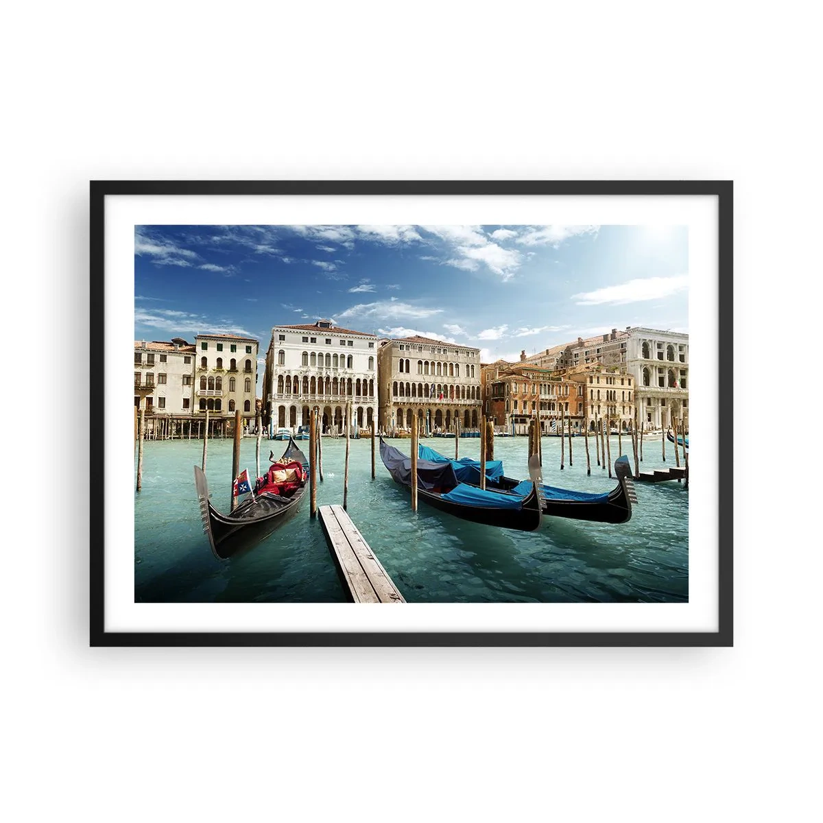 Poster in einem schwarzem Rahmen - Venedig mit Gondeln und Palästen gegen den Himmel - 70x50cm - Paläste in Blau - Moderne Wanddekoration für Wohnzimmer und Schlafzimmer ARTTOR
