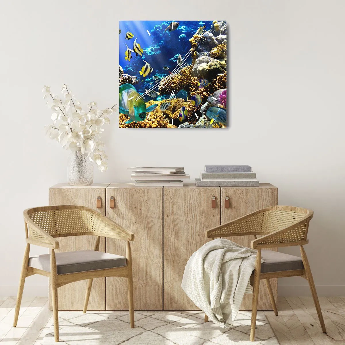 Wanduhr - Glasuhr - Ein farbenfrohes Korallenriff mit tropischen Fischen in den Tiefen des Ozeans. - 30x30cm - Viel Verkehr auf dem Ferienweg - Moderne Wanddekoration für Wohnzimmer und Schlafzimmer ARTTOR