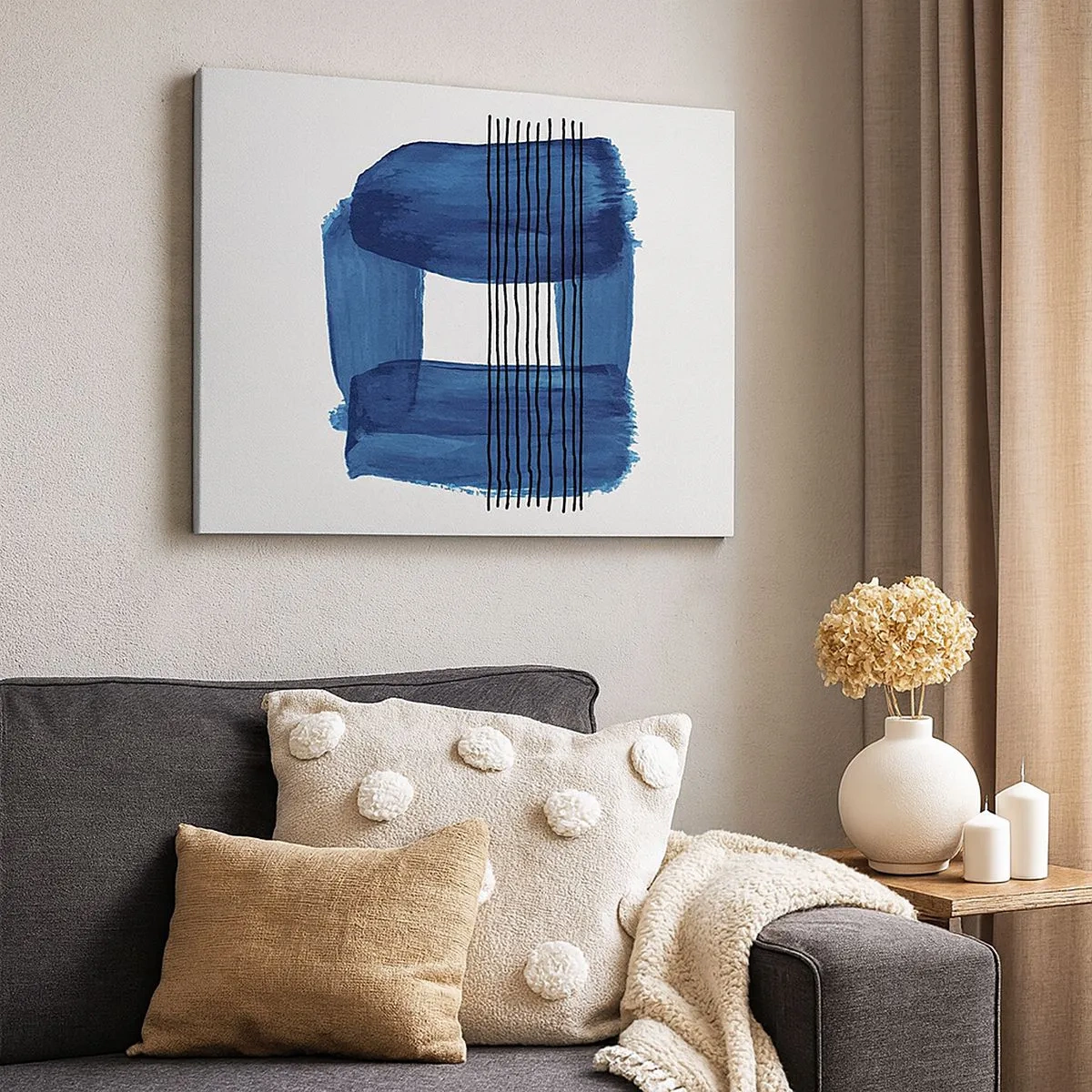 Bild auf Leinwand - Leinwandbild - Abstraktes Muster in Blautönen mit schwarzen Linien - 70x50cm - Blaue und schwarze Komposition - Moderne Wanddekoration für Wohnzimmer und Schlafzimmer ARTTOR