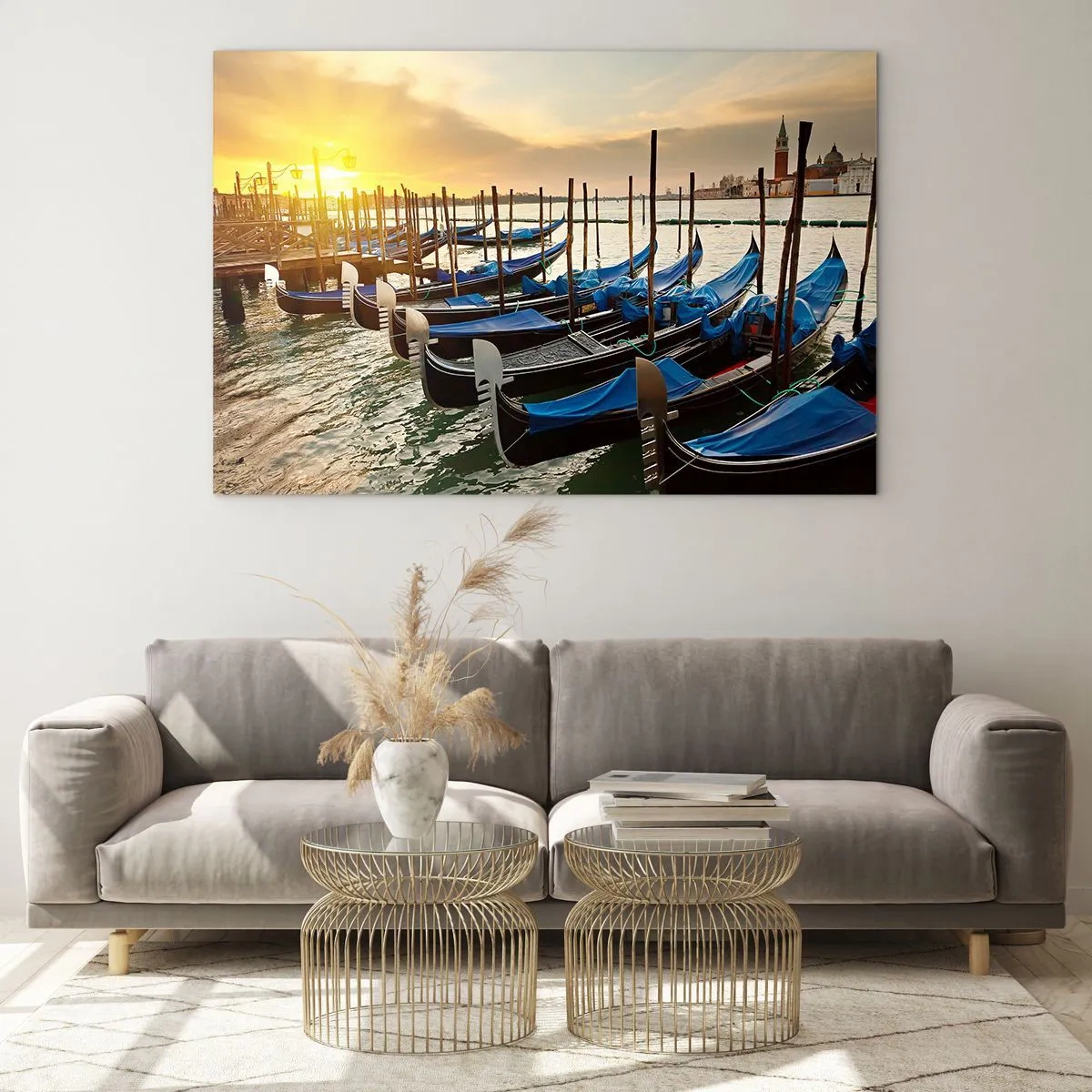 Glasbild - Bild auf glas - Gondeln in Venedig bei Sonnenuntergang - 70x50cm - Bevor das Summen kommt - Moderne Wanddekoration für Wohnzimmer und Schlafzimmer ARTTOR