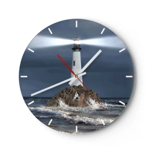 Wanduhr - Glasuhr - Ein Leuchtturm auf einem Felsen, umgeben von rauen Wellen - 30x30cm - Hier... hier... hier! - Moderne Wanddekoration für Wohnzimmer, Küche und Schlafzimmer ARTTOR