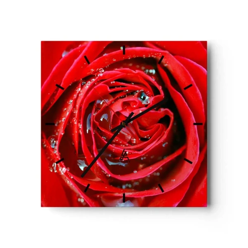 Wanduhr - Glasuhr - Nahaufnahme einer roten Rose mit Wassertropfen auf den Blütenblättern - 30x30cm - In den Tautropfen - Moderne Wanddekoration für Wohnzimmer und Schlafzimmer ARTTOR