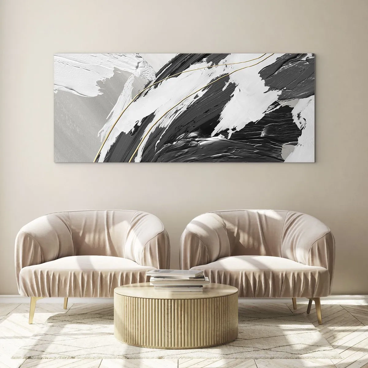 Glasbild - Bild auf glas - Schwarze und weiße Pinselstriche mit einem subtilen goldenen Akzent - 140x50cm - Abstraktion in großem Stil - Moderne Wanddekoration für Wohnzimmer und Schlafzimmer ARTTOR