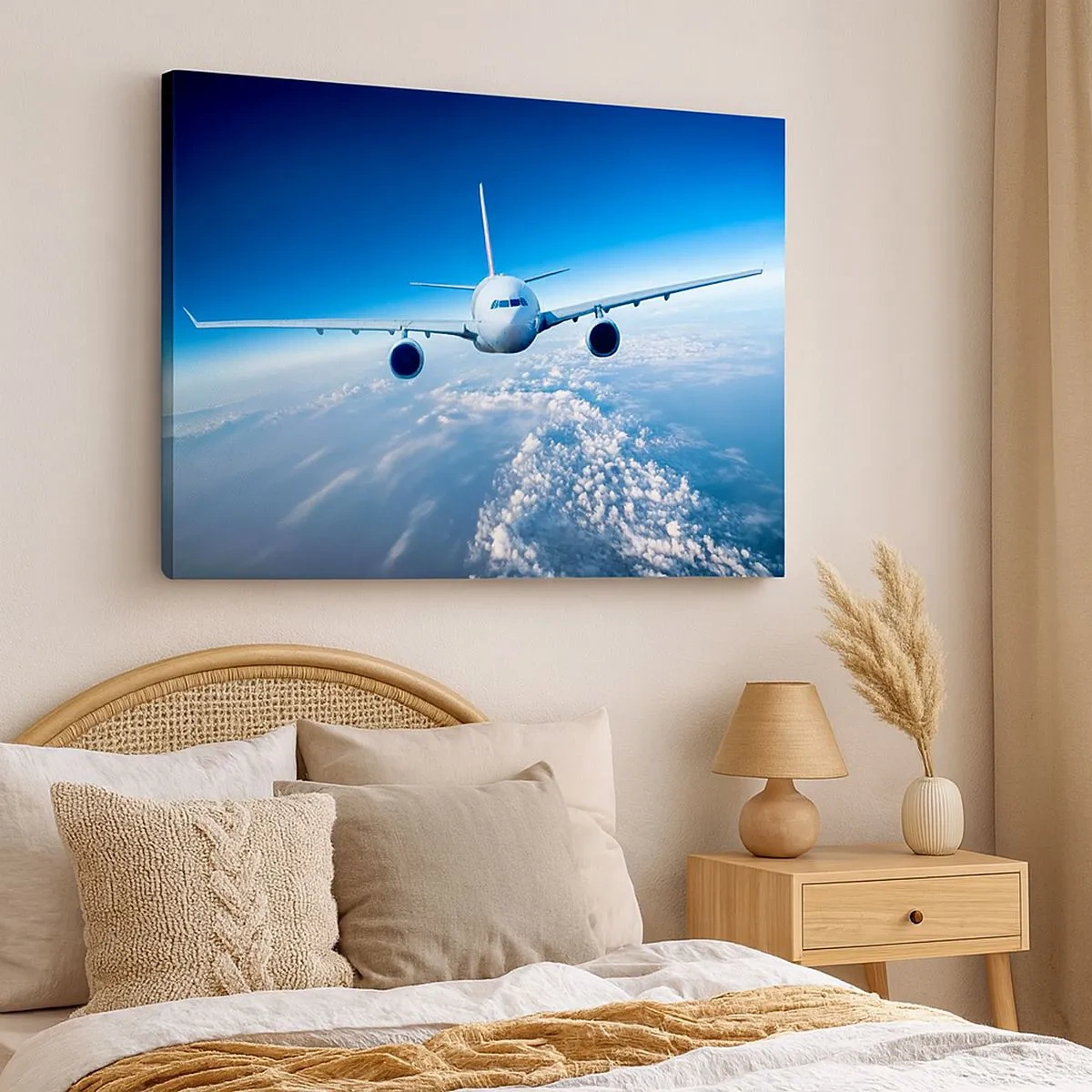 Bild auf Leinwand - Leinwandbild - Ein Flugzeug fliegt über den Wolken vor blauem Himmel - 70x50cm - Ich fliege, weil ich es kann - Moderne Wanddekoration für Wohnzimmer und Schlafzimmer ARTTOR