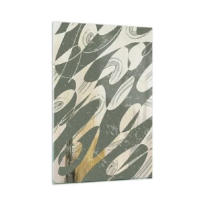 Glasbild - Bild auf glas - Dynamische Formen in Grün- und Goldtönen - 80x120cm - Rhythmische Abstraktion - Moderne Wanddekoration für Wohnzimmer und Schlafzimmer ARTTOR