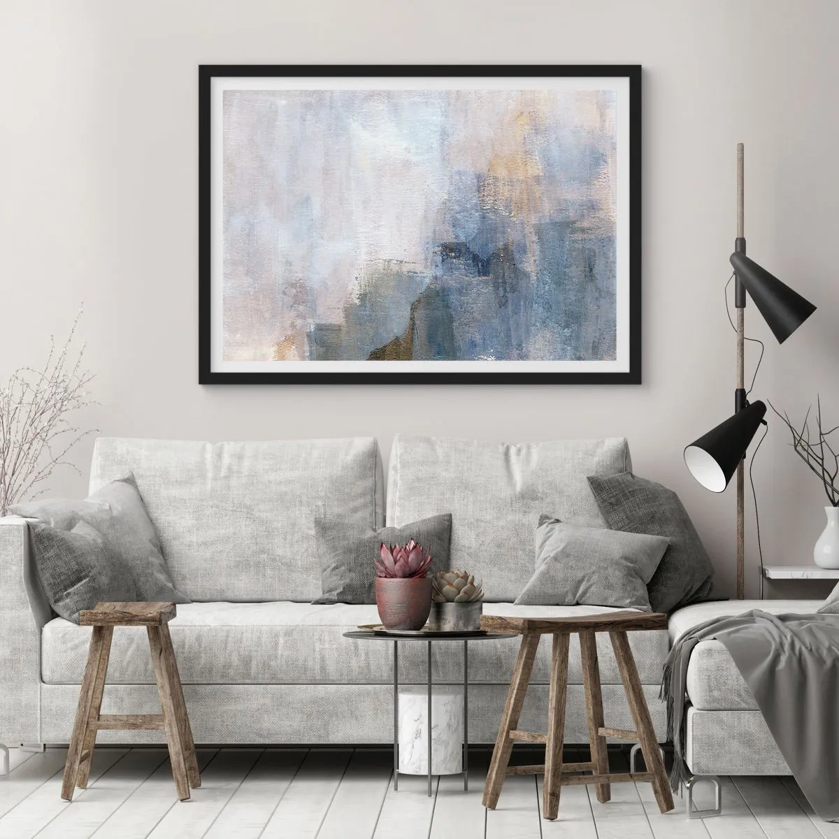 Poster in einem schwarzem Rahmen - Dezente abstrakte Punkte in Blau- und Beigetönen - 100x70cm - Farbtöne und Akkorde - Moderne Wanddekoration für Wohnzimmer und Schlafzimmer ARTTOR