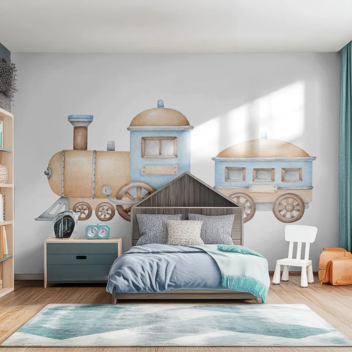 Fototapete Premium Sand - Aquarellzug in Pastellfarben auf weißem Hintergrund - 100x70cm - Am Bahnhof steht ... - Moderne Wanddekoration für Wohnzimmer und Schlafzimmer ARTTOR