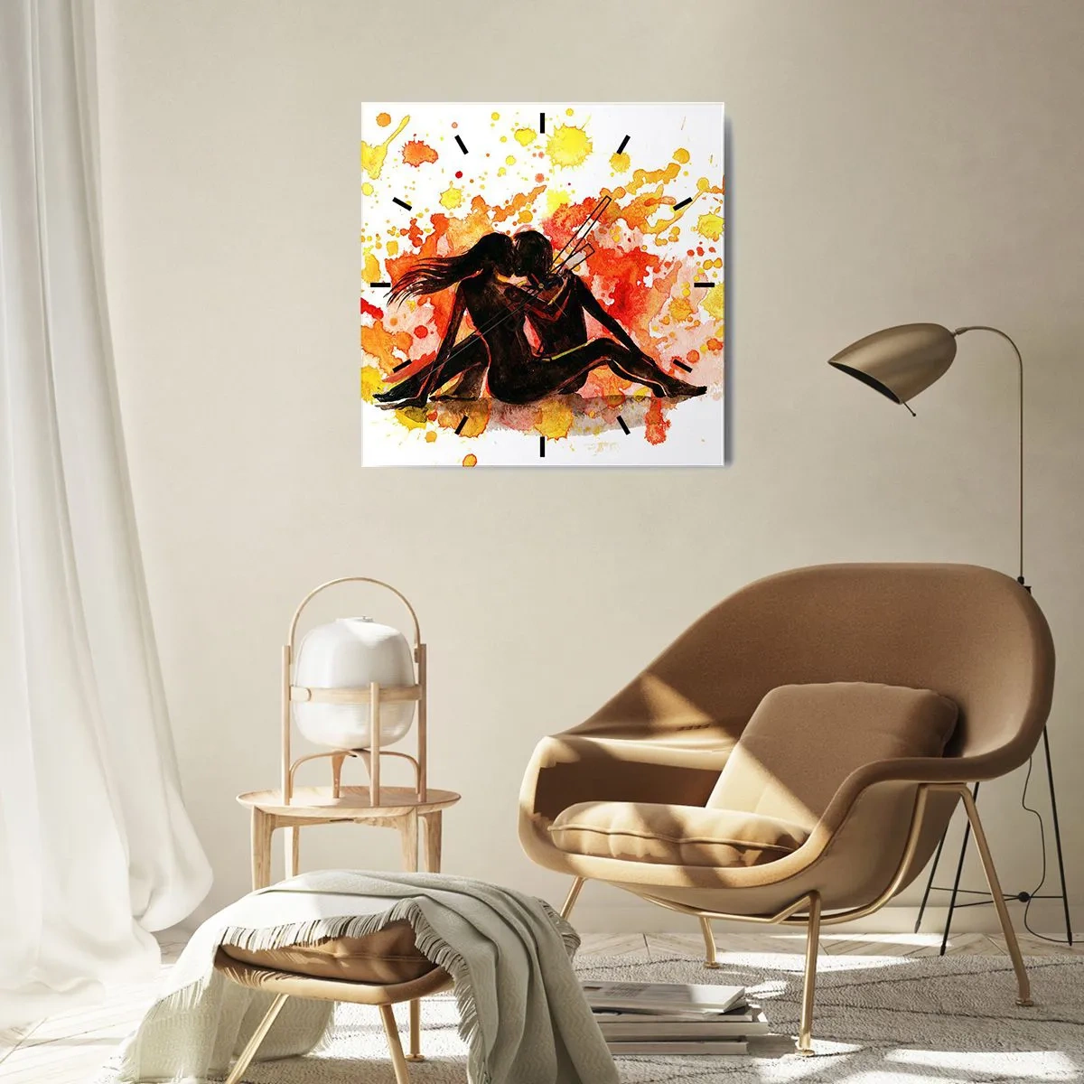 Wanduhr - Glasuhr - Ein romantisches Aquarell von zwei Menschen in warmen Farben. - 30x30cm - Und es war Licht - Moderne Wanddekoration für Wohnzimmer und Schlafzimmer ARTTOR