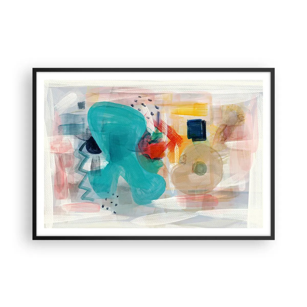 Poster in einem schwarzem Rahmen - Abstrakte Formen und Farben schaffen eine dynamische Komposition - 100x70cm - Buntes Spiel - Moderne Wanddekoration für Wohnzimmer und Schlafzimmer ARTTOR