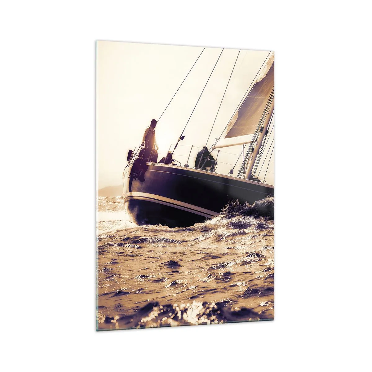 Glasbild - Bild auf glas - Eine Yacht auf stürmischer See im Licht der untergehenden Sonne - 70x100cm - Segle, Seemann - Moderne Wanddekoration für Wohnzimmer und Schlafzimmer ARTTOR