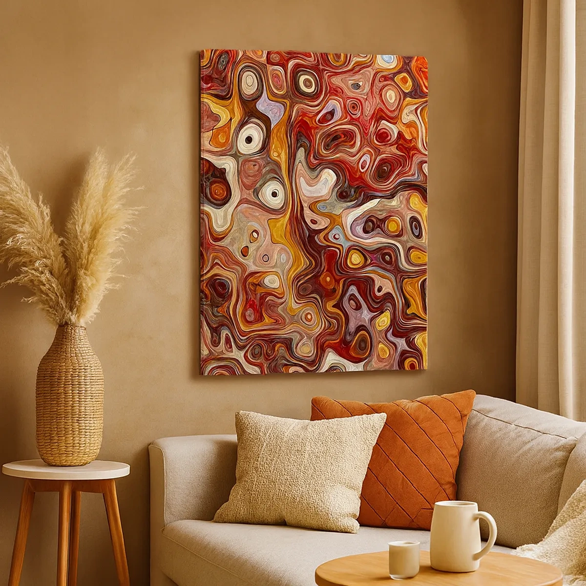 Bild auf Leinwand - Leinwandbild - Eine abstrakte Komposition in warmen Rot-, Orange- und Gelbtönen. - 50x70cm - Wenn die Nüsse in Honig geschmolzen sind - Moderne Wanddekoration für Wohnzimmer und Schlafzimmer ARTTOR