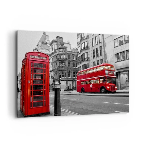 Bild auf Leinwand - Leinwandbild - Eine rote Telefonzelle und ein Doppeldeckerbus in London mit der Stadt im Hintergrund - 100x70cm - Das Rotste in Europa - Moderne Wanddekoration für Wohnzimmer und Schlafzimmer ARTTOR