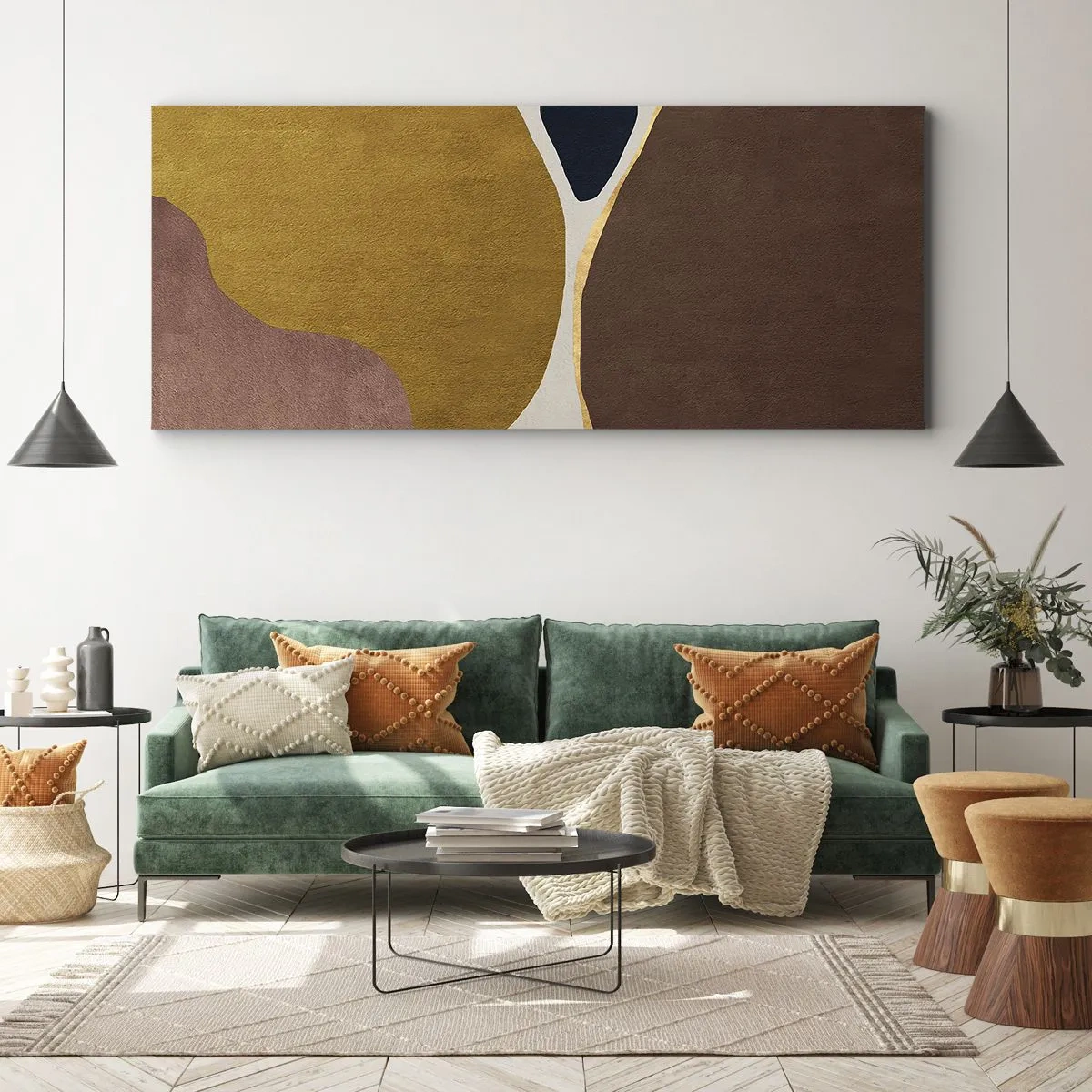 Bild auf Leinwand - Leinwandbild - Eine abstrakte Komposition mit geometrischen Formen in warmen Farben. - 140x50cm - Abstraktion – ein Ort im Raum - Moderne Wanddekoration für Wohnzimmer und Schlafzimmer ARTTOR
