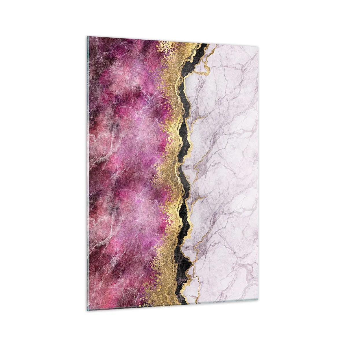 Glasbild - Bild auf glas - Abstrakte Marmorkomposition mit goldenen und violetten Akzenten - 50x70cm - An der Grenze - Moderne Wanddekoration für Wohnzimmer und Schlafzimmer ARTTOR