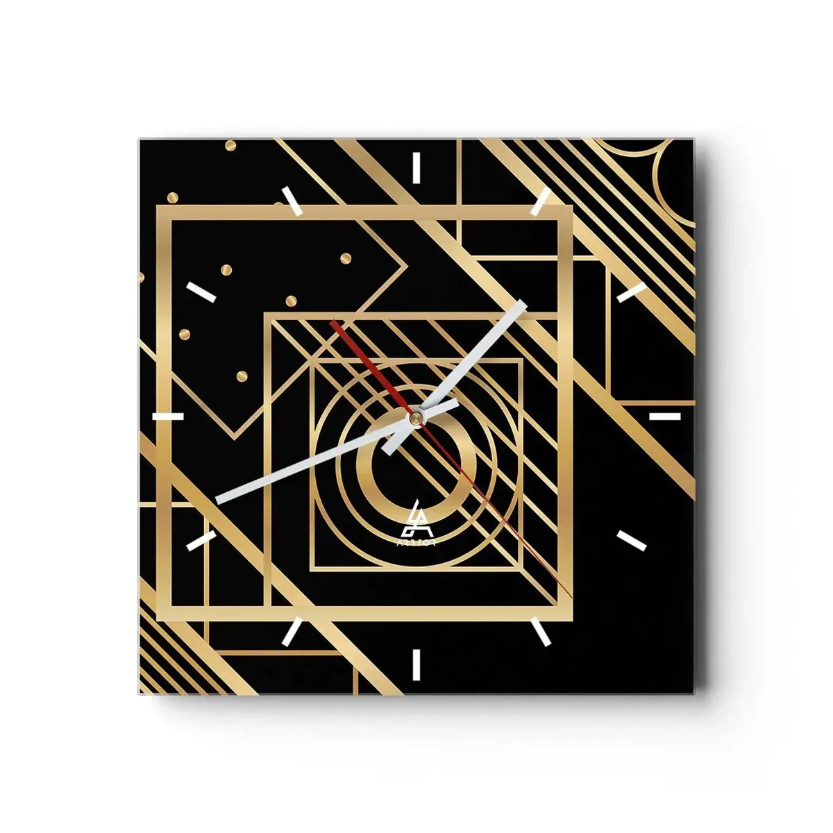 Wanduhr - Glasuhr - Goldene geometrische Muster auf schwarzem Hintergrund - 30x30cm - Goldene Geometrie - Moderne Wanddekoration für Wohnzimmer und Schlafzimmer ARTTOR