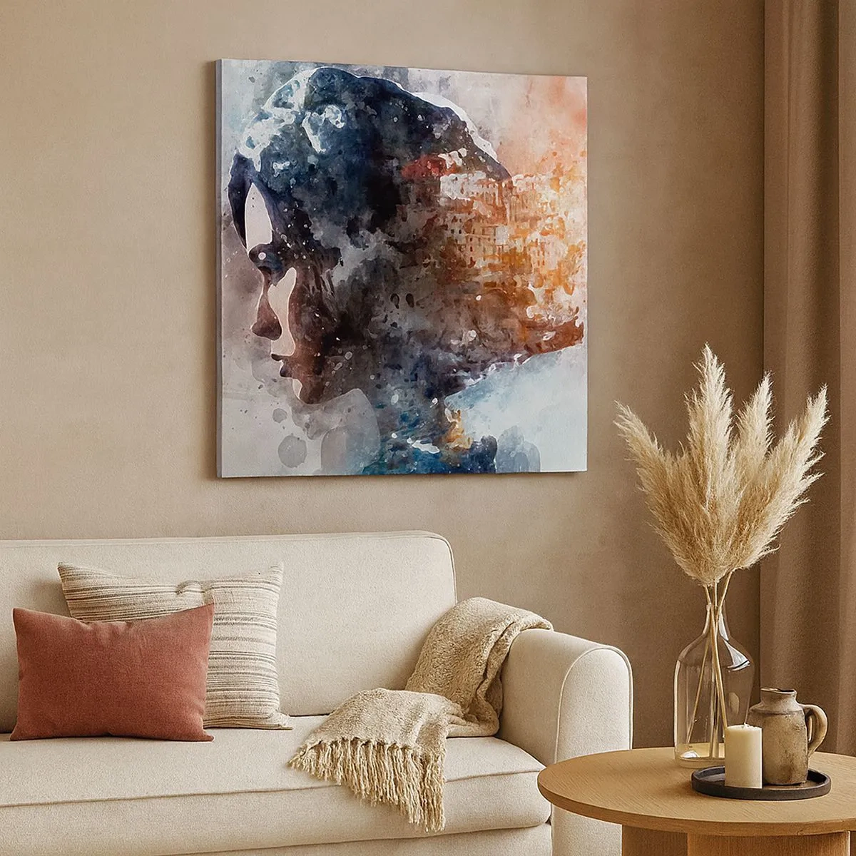 Bild auf Leinwand - Leinwandbild - Eine Geschichte über ein Mädchen mit einer Stadt im Hintergrund - 30x30 cm