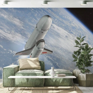 Fototapete Premium Sand - Space Shuttle im Weltraum über der Erde - 100x70cm - Kosmischer Aufstieg - Moderne Wanddekoration für Wohnzimmer und Schlafzimmer ARTTOR