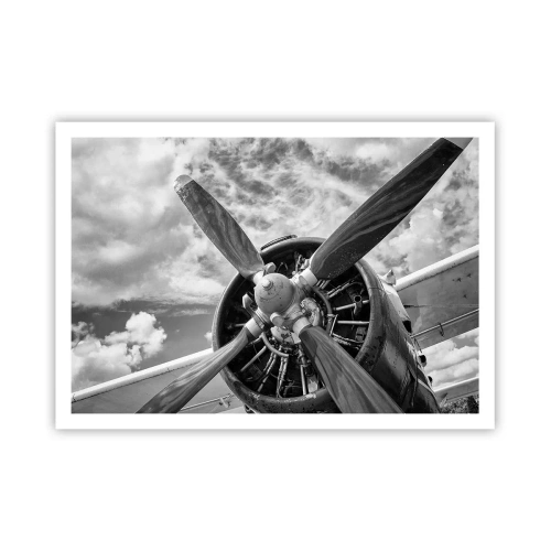 Poster - Ein Schwarzweißfoto eines Flugzeugpropellers vor einem dynamischen Himmel. - 100x70cm - Eroberer der Lüfte - Moderne Wanddekoration für Wohnzimmer und Schlafzimmer ARTTOR