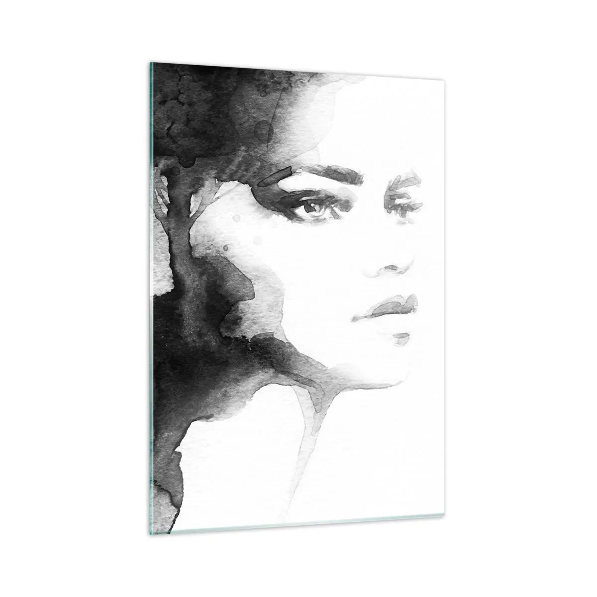Glasbild - Bild auf glas - Schwarz-weißes Aquarellporträt einer Frau - 50x70cm - Aus Geheimnis und Nebel - Moderne Wanddekoration für Wohnzimmer und Schlafzimmer ARTTOR