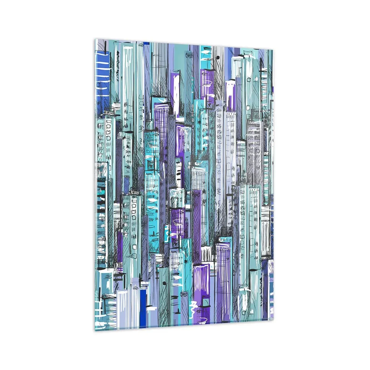 Glasbild - Bild auf glas - Illustration einer Stadt mit geometrischen Gebäuden in Blau- und Lilatönen. - 80x120cm - Bläulich von dem Himmel - Moderne Wanddekoration für Wohnzimmer und Schlafzimmer ARTTOR