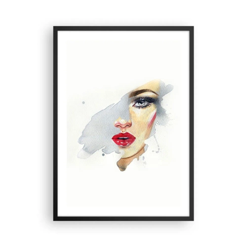 Poster in einem schwarzem Rahmen - Aquarellporträt einer Frau mit roten Lippen - 50x70cm - Abspiegeln in einem Wassertropfen - Moderne Wanddekoration für Wohnzimmer und Schlafzimmer ARTTOR