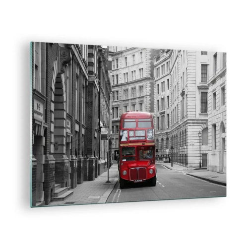 Glasbild - Bild auf glas - Ein roter Bus durch die einfarbigen Straßen der Stadt - 70x50cm - Der Alltag muss nicht grau sein - Moderne Wanddekoration für Wohnzimmer und Schlafzimmer ARTTOR