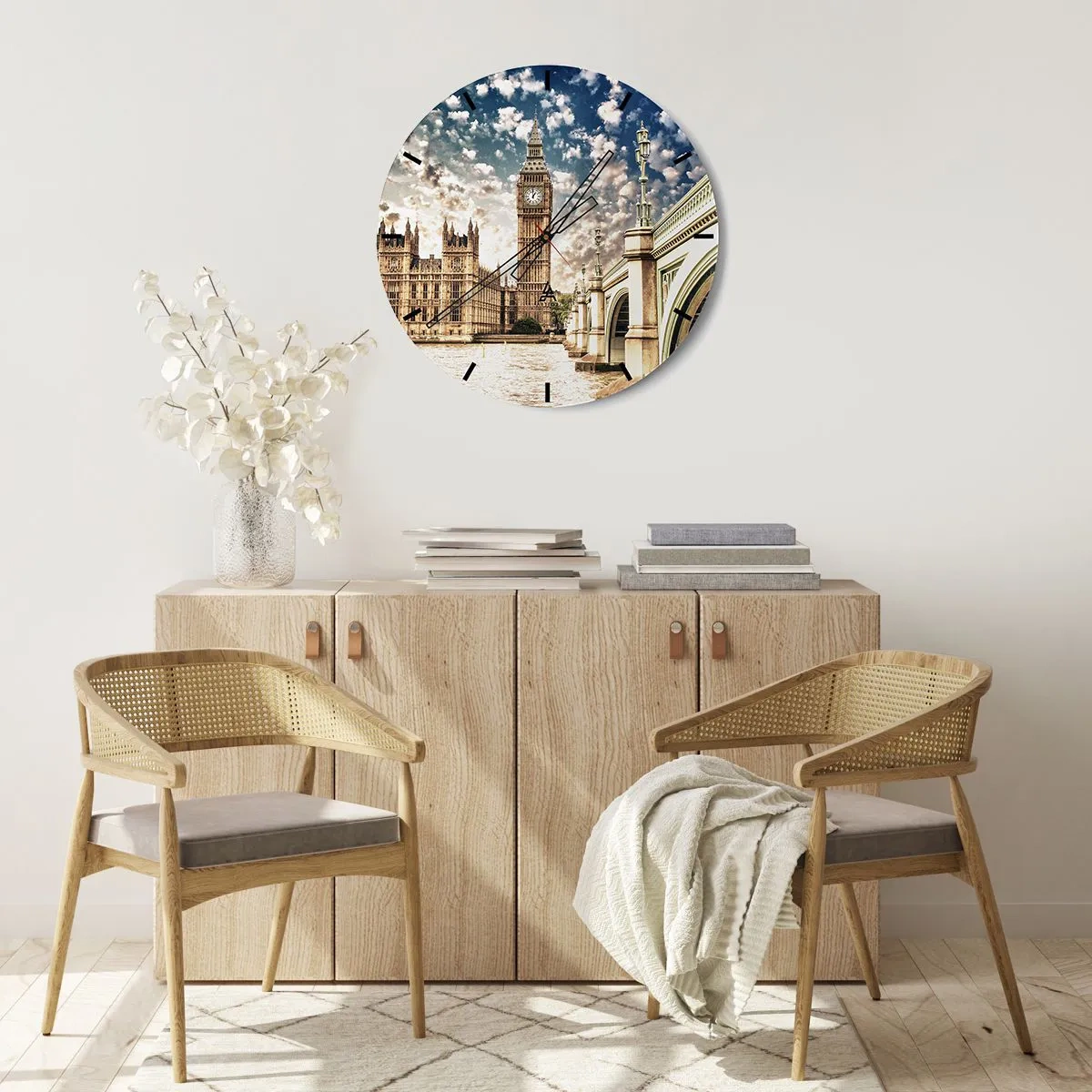 Wanduhr - Glasuhr - Big Ben und die Themse-Brücke in London an einem sonnigen Tag - 30x30cm - Federwolken über der Themse - Moderne Wanddekoration für Wohnzimmer, Küche und Schlafzimmer ARTTOR