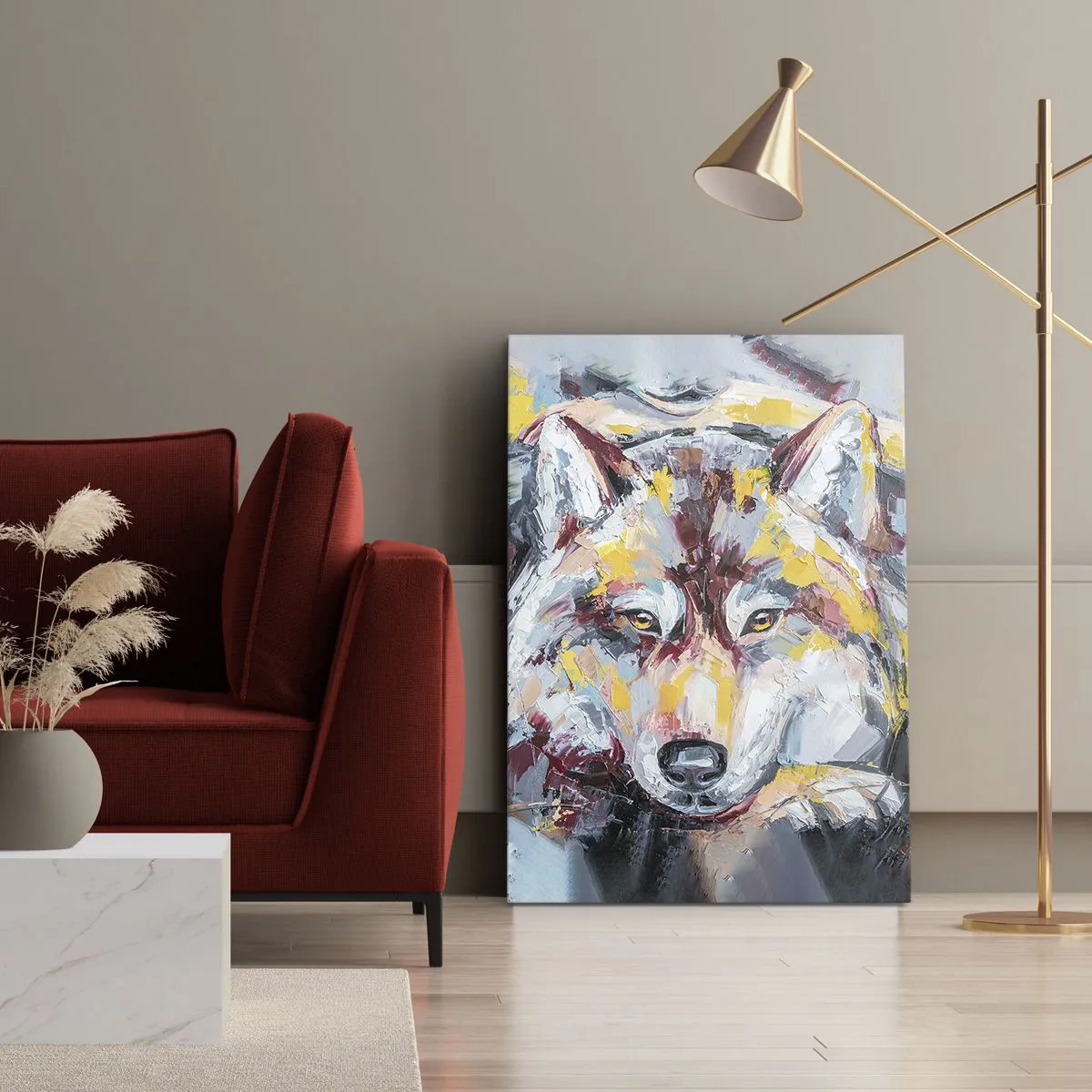 Bild auf Leinwand - Leinwandbild - Künstlerisches Wolfsportrait in intensiven Farben - 50x70cm - Seelenfrieden unter den Lieben - Moderne Wanddekoration für Wohnzimmer und Schlafzimmer ARTTOR
