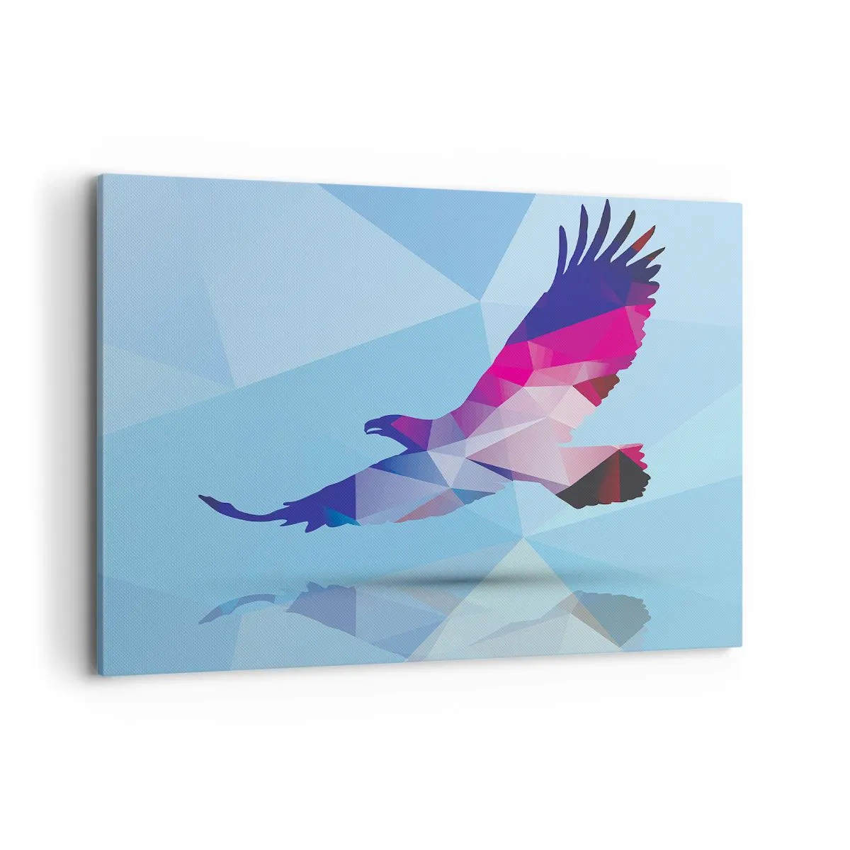 Bild auf Leinwand - Leinwandbild - Geometrische Silhouette eines Adlers im Flug auf blauem Hintergrund - 100x70cm - Adler in lila Kristall - Moderne Wanddekoration für Wohnzimmer und Schlafzimmer ARTTOR