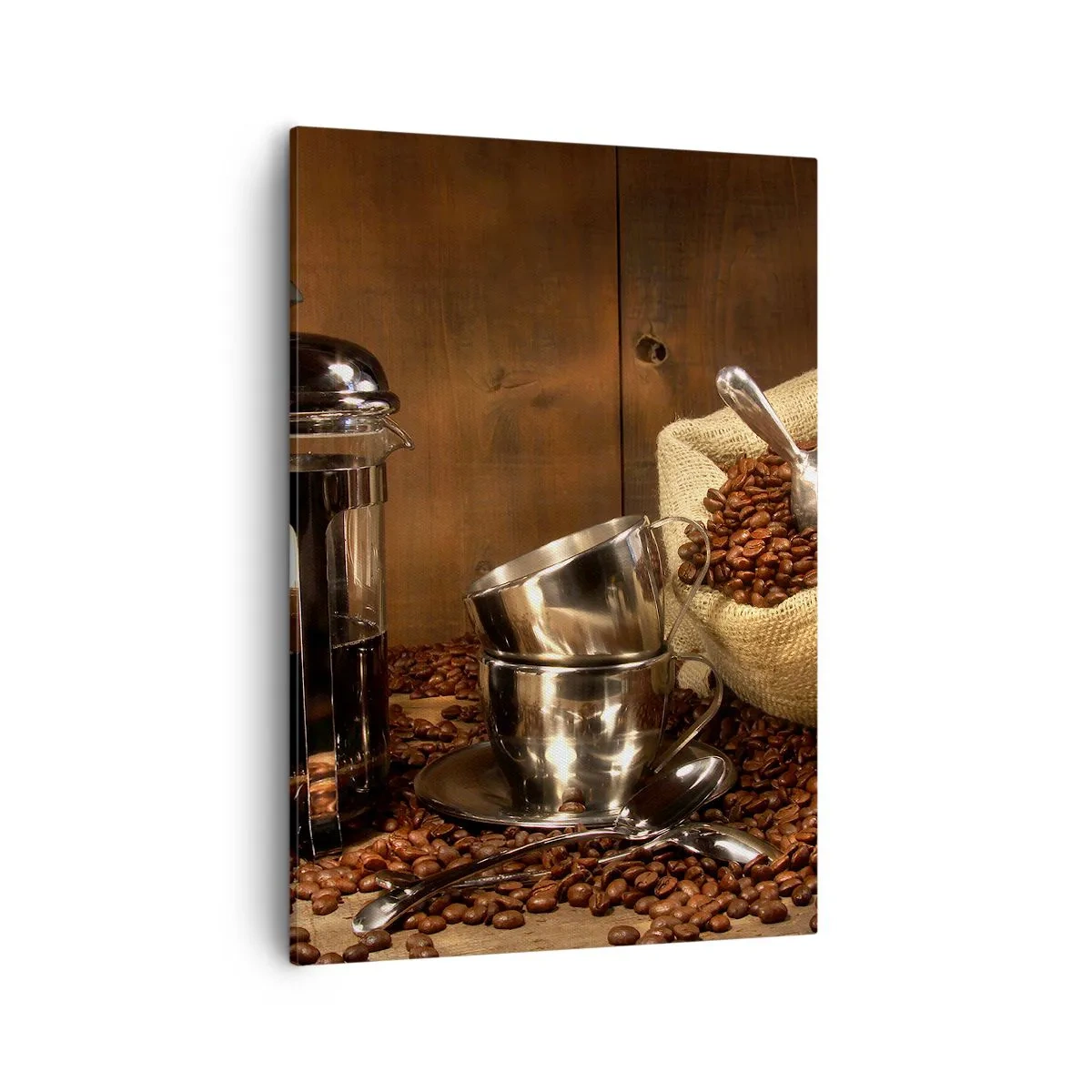 Bild auf Leinwand - Leinwandbild - French Press, Tassen und eine Tüte Kaffee auf einem hölzernen Hintergrund - 50x70cm - Der Charme des Kaffees - Aroma und Geschmack - Moderne Wanddekoration für Wohnzimmer und Schlafzimmer ARTTOR