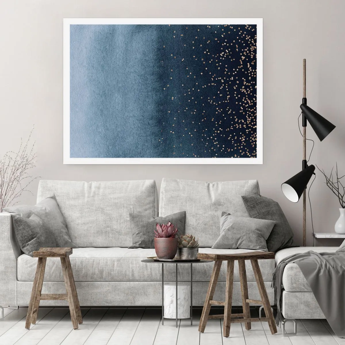 Poster - Blaue Farbverläufe mit dezenten Goldakzenten - 100x70cm - Komposition - blaue Phasen - Moderne Wanddekoration für Wohnzimmer und Schlafzimmer ARTTOR