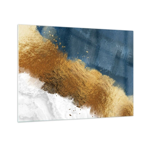 Glasbild - Bild auf glas - Goldene Pinselstriche auf marineblauem und weißem Hintergrund - 70x50cm - Farben des Sommers - Moderne Wanddekoration für Wohnzimmer und Schlafzimmer ARTTOR