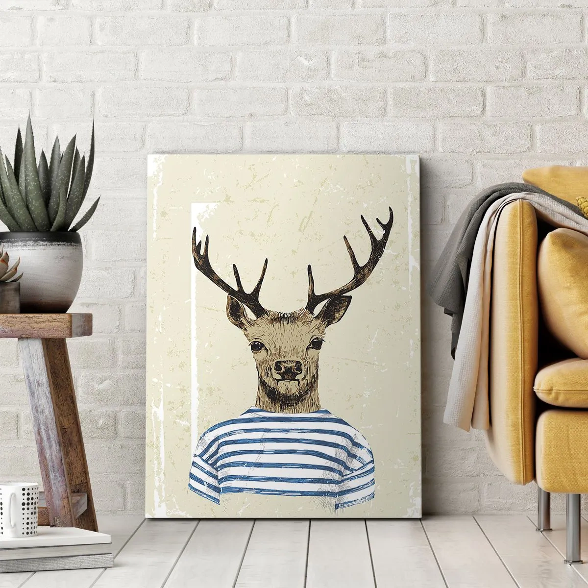 Bild auf Leinwand - Leinwandbild - Ein Hirsch im gestreiften Hemd auf hellem Hintergrund mit zarter Textur - 50x70cm - Weil ich gestreifte T-Shirts mag! - Moderne Wanddekoration für Wohnzimmer und Schlafzimmer ARTTOR