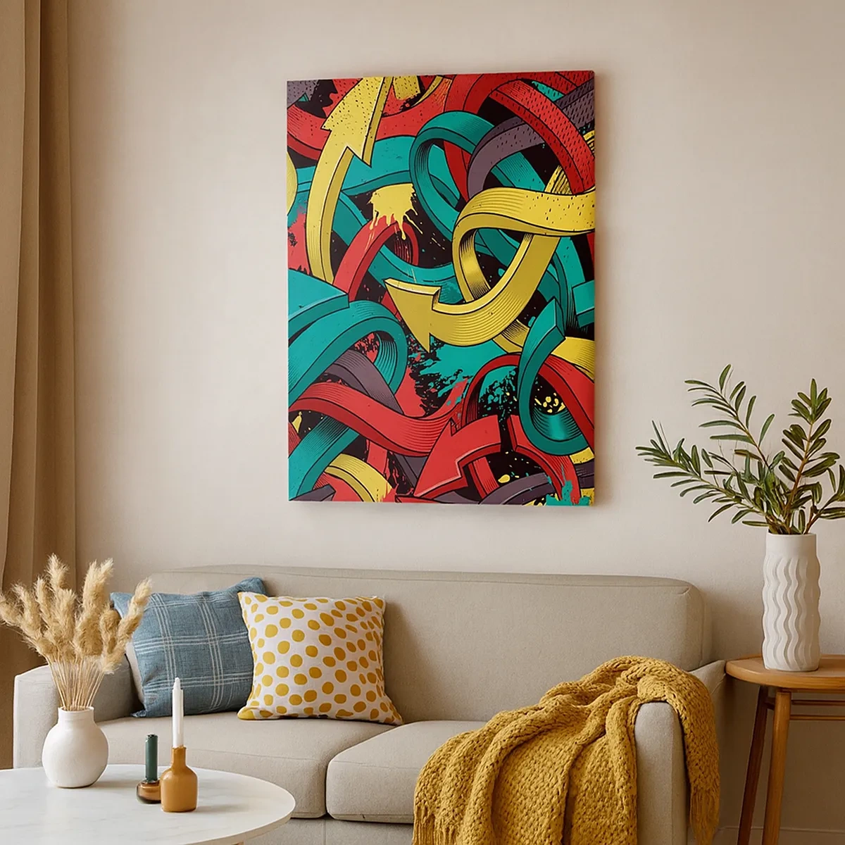 Bild auf Leinwand - Leinwandbild - Abstrakte Pfeile in leuchtenden Farben schaffen Chaos - 50x70cm - Welcher Weg zum Ziel? - Moderne Wanddekoration für Wohnzimmer und Schlafzimmer ARTTOR