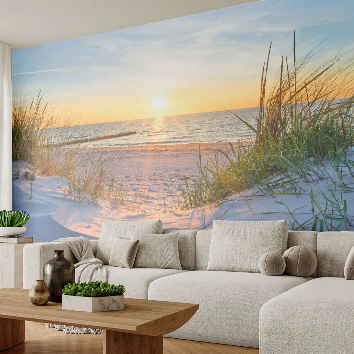 Selbstklebende Fototapete Deluxe Sticker - Das Rauschen des Meeres, der Gesang der Vögel, ein wilder Strand im Gras ... - Landschaft, Meer, Dünen - 450x315 cm