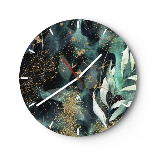 Wanduhr - Glasuhr - Grüne Blätter und goldene Akzente auf dunklem Hintergrund - 30x30cm - Zaubergarten - Moderne Wanddekoration für Wohnzimmer, Küche und Schlafzimmer ARTTOR