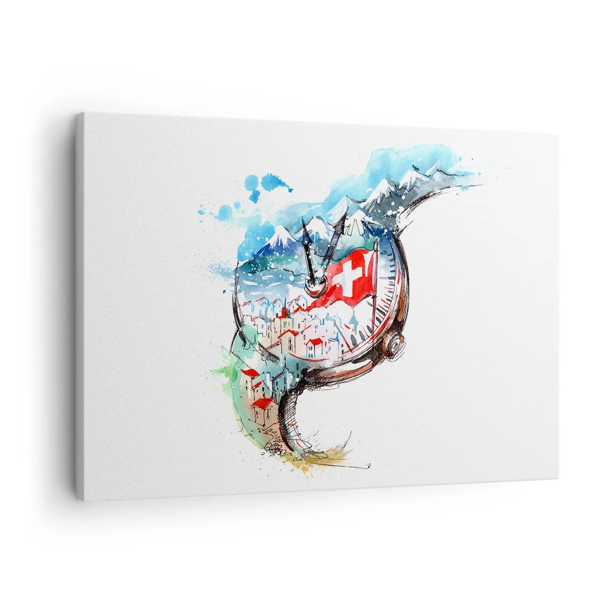 Bild auf Leinwand - Leinwandbild - Eine Aquarelllandschaft der Schweiz im Uhrwerk-Design - 70x50cm - Der Geist der Schweiz - Moderne Wanddekoration für Wohnzimmer und Schlafzimmer ARTTOR