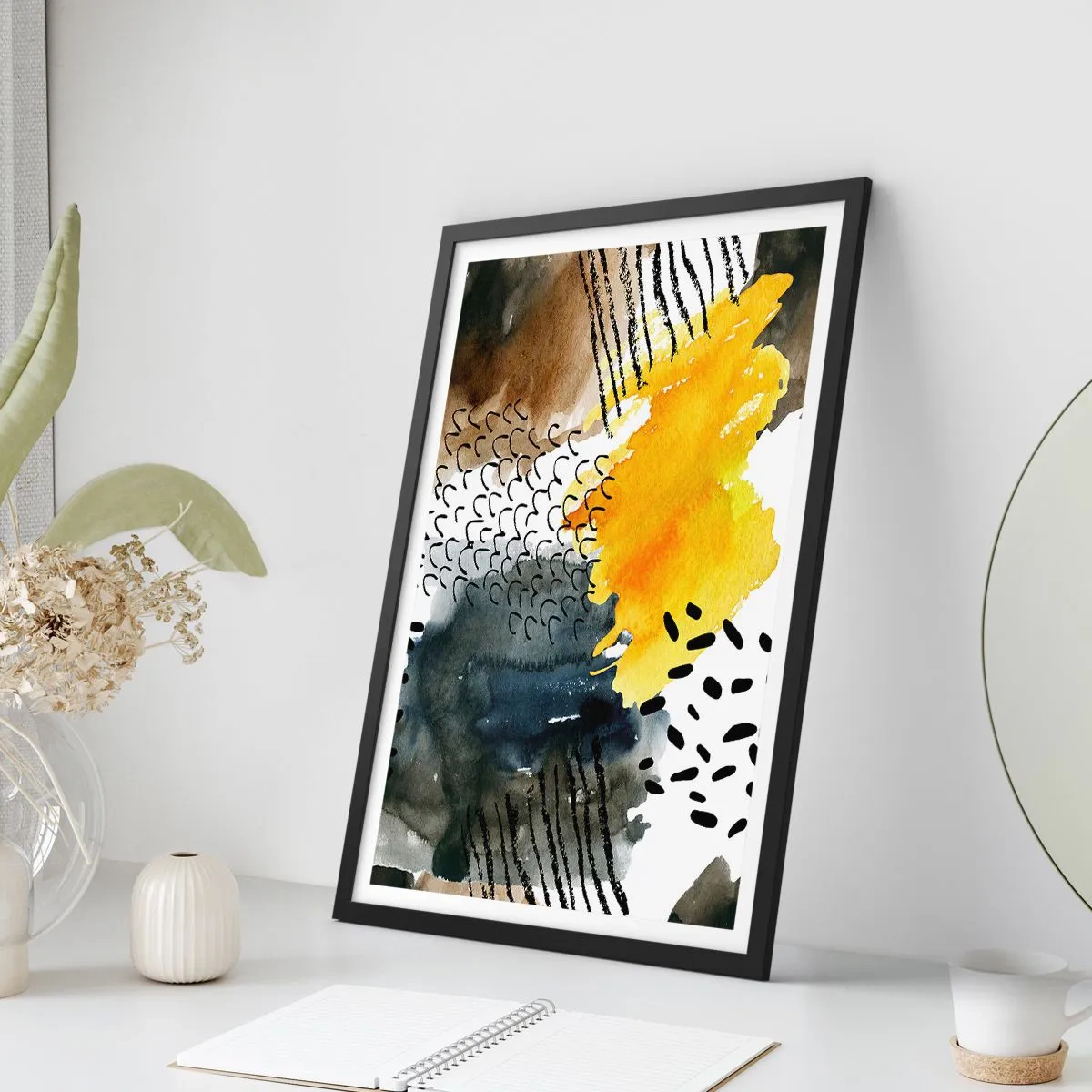 Poster in einem schwarzem Rahmen - Abstrakte Komposition in Gelb- und Schwarztönen - 50x70cm - Ein Treffen der Elemente der Natur - Moderne Wanddekoration für Wohnzimmer und Schlafzimmer ARTTOR