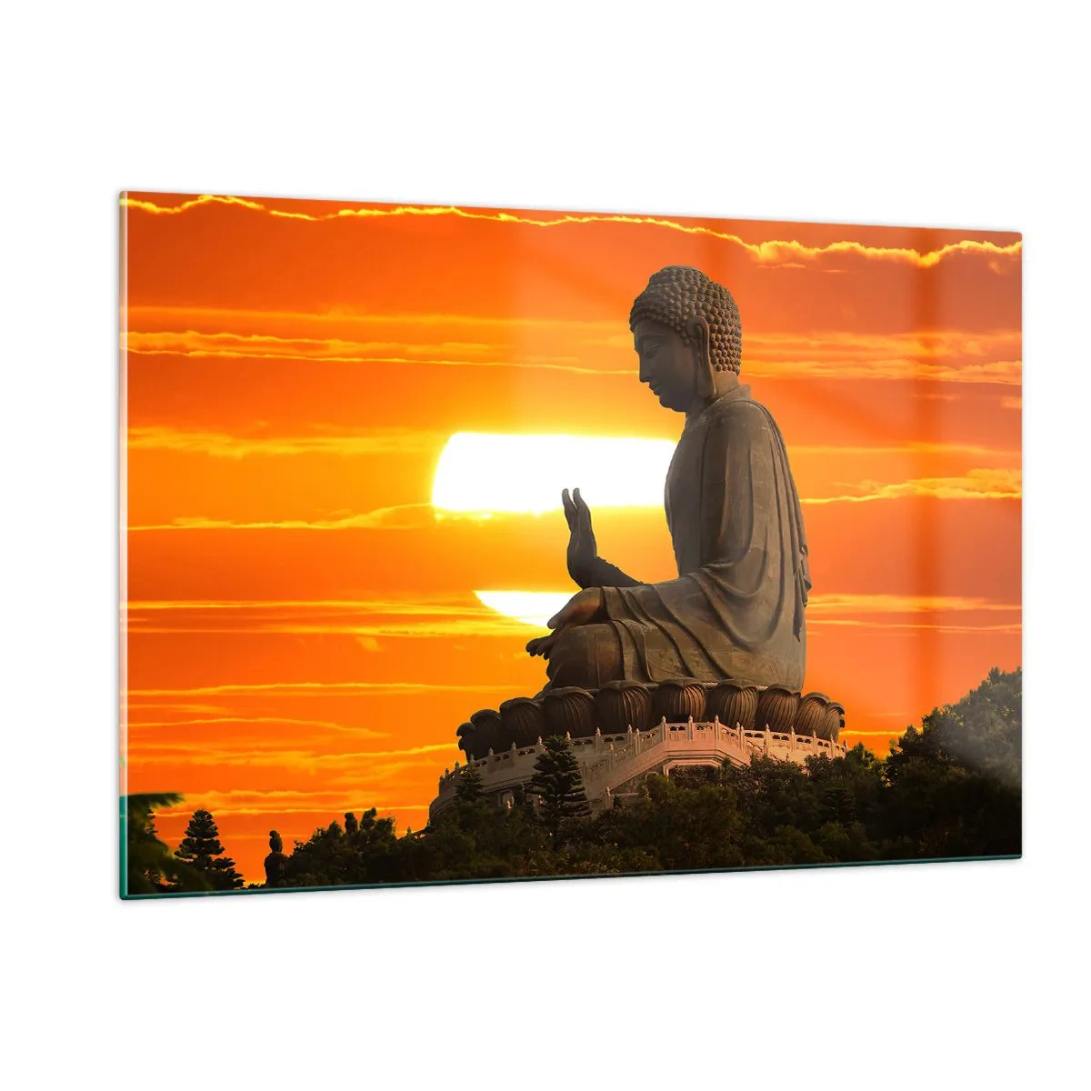 Glasbild - Bild auf glas - Buddha-Statue vor dem Hintergrund der untergehenden Sonne - 120x80cm - Keine Angst vor der Welt - Moderne Wanddekoration für Wohnzimmer und Schlafzimmer ARTTOR