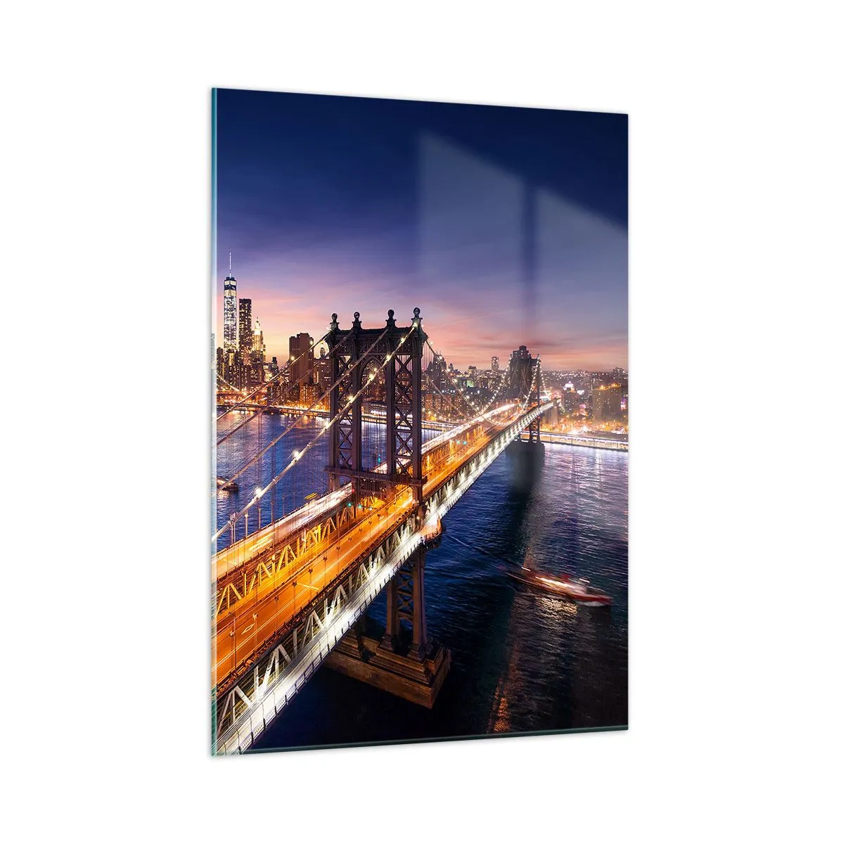 Glasbild - Bild auf glas - Die Brücke vor der Kulisse des abendlichen Stadtpanoramas mit beleuchteten Wolkenkratzern - 50x70cm - Eine leuchtende Brücke zum Herzen der Stadt - Moderne Wanddekoration für Wohnzimmer und Schlafzimmer ARTTOR