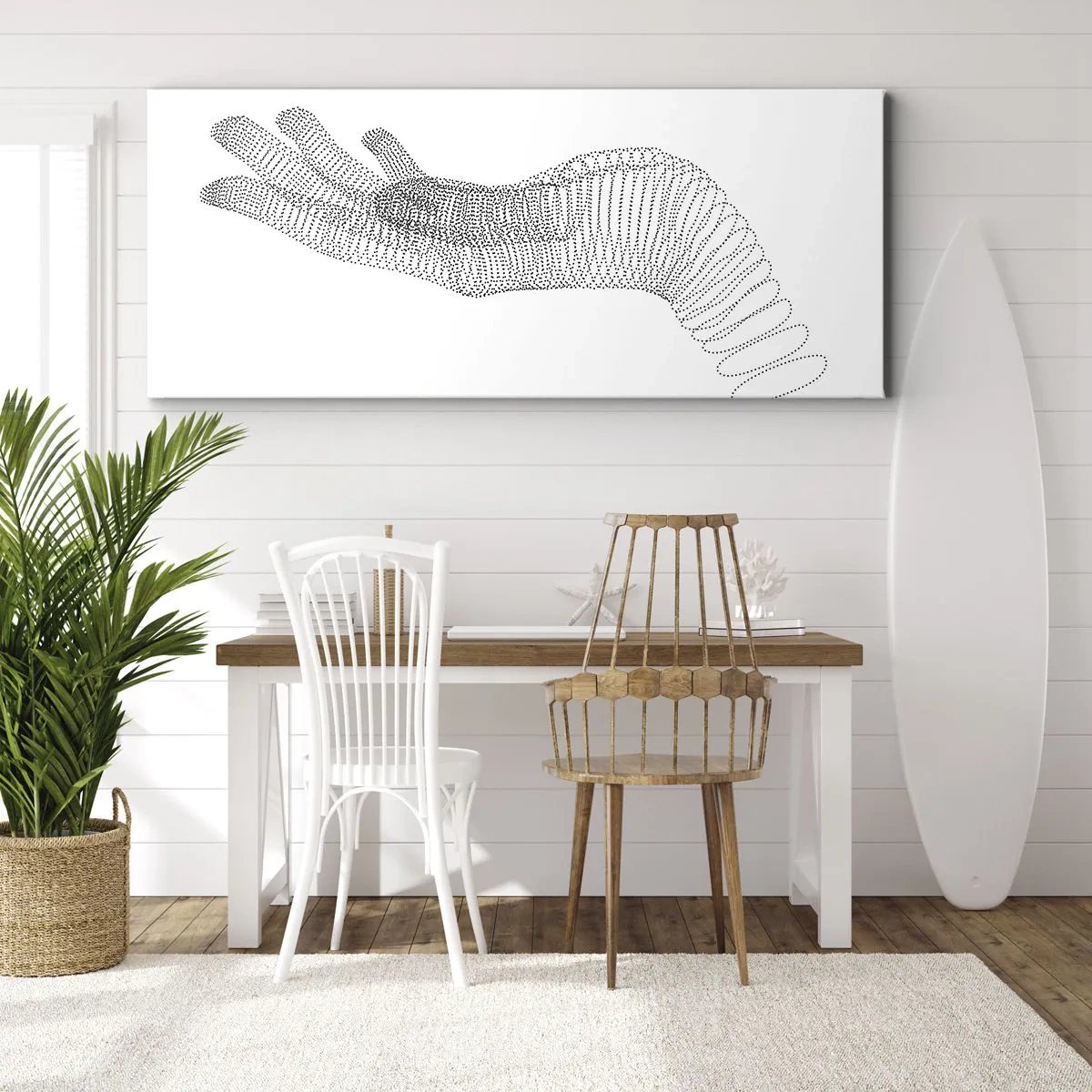 Bild auf Leinwand - Leinwandbild - Eine minimalistische Illustration einer Hand aus schwarzen Punkten auf weißem Hintergrund. - 160x50cm - Federnde Hand - Moderne Wanddekoration für Wohnzimmer und Schlafzimmer ARTTOR