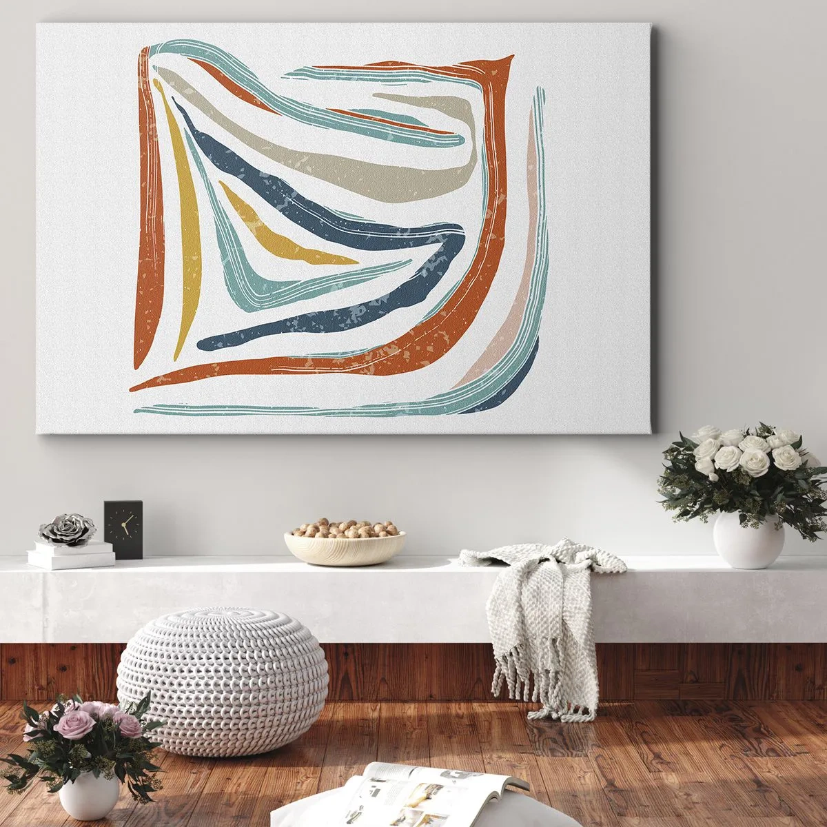 Bild auf Leinwand - Leinwandbild - Bunte, dynamische Linien in Blau-, Orange- und Beigetönen - 120x80cm - Abstraktion mit einem freundlichen Lächeln - Moderne Wanddekoration für Wohnzimmer und Schlafzimmer ARTTOR