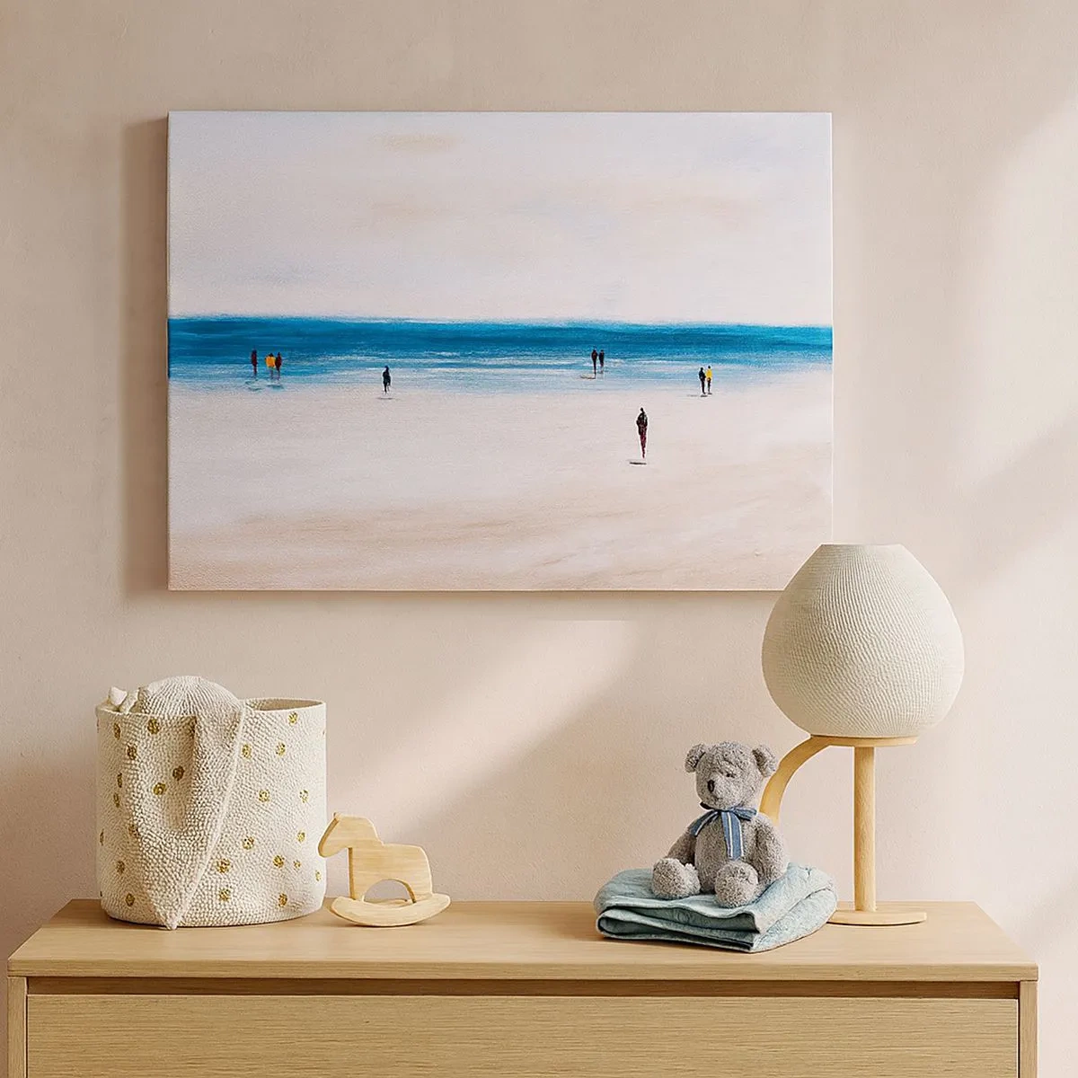 Bild auf Leinwand - Leinwandbild - Ein Strand mit Menschen vor der Kulisse eines ruhigen Meeres - 70x50cm - Natürliches Bedürfnis - Moderne Wanddekoration für Wohnzimmer und Schlafzimmer ARTTOR