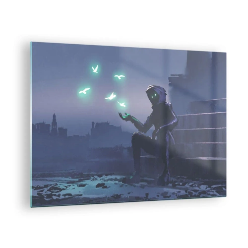 Glasbild - Bild auf glas - Eine Gestalt im Dunkeln, umgeben von schwebenden grünen Vögeln - 70x50cm - Das Leben wird zurückkommen - Moderne Wanddekoration für Wohnzimmer und Schlafzimmer ARTTOR