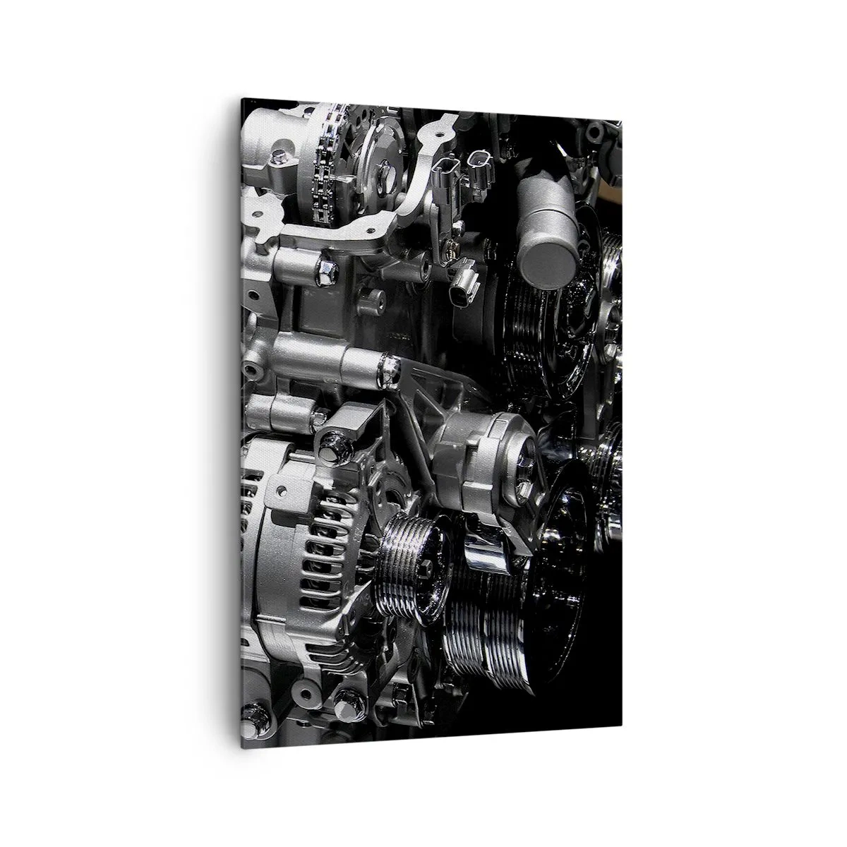 Bild auf Leinwand - Leinwandbild - Nahaufnahme von metallischen Motorteilen auf schwarzem Hintergrund - 80x120cm - Stahl, schön, stark - Moderne Wanddekoration für Wohnzimmer und Schlafzimmer ARTTOR