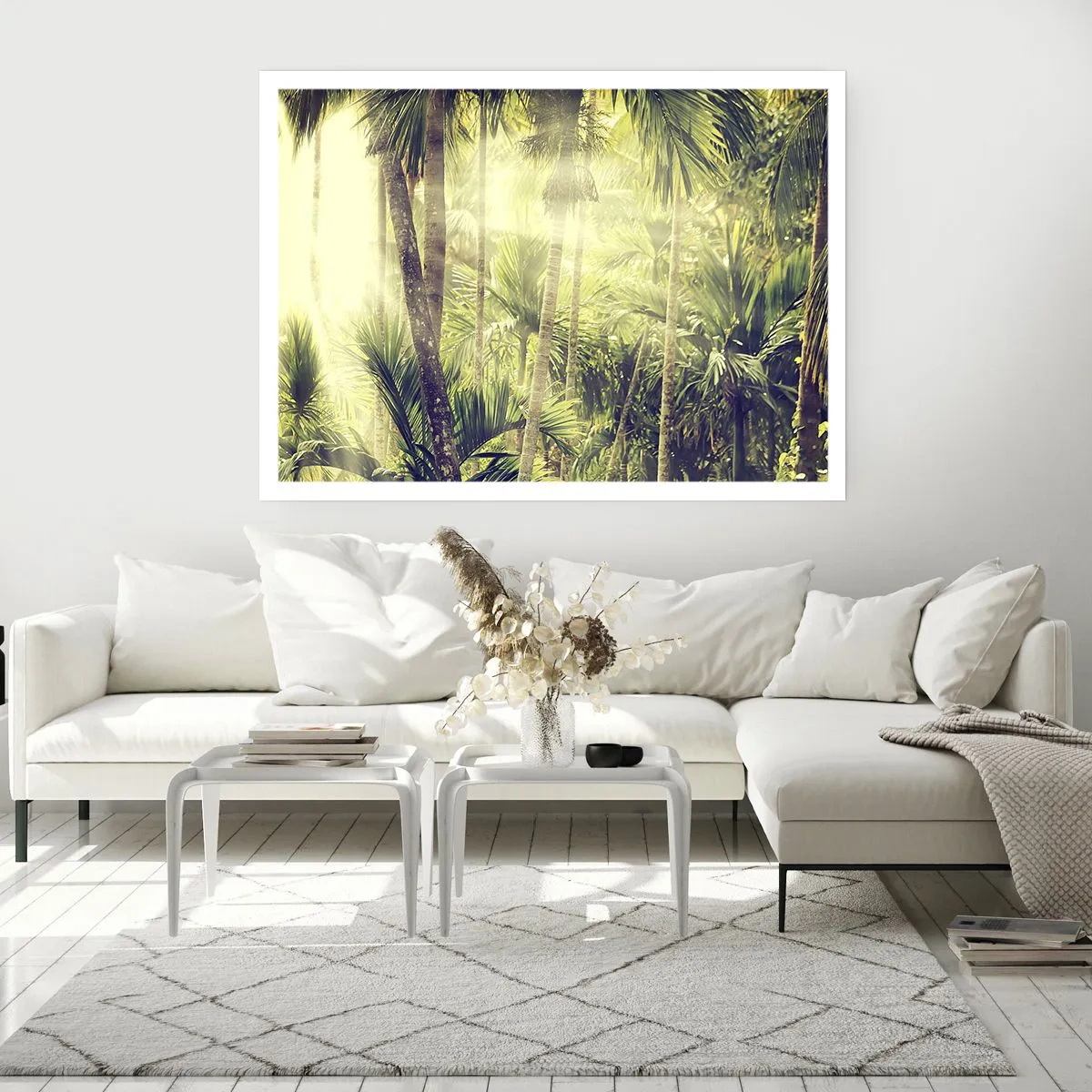 Poster - Sonnenstrahlen in einem tropischen Palmenwald - 100x70cm - In grüner Hitze - Moderne Wanddekoration für Wohnzimmer und Schlafzimmer ARTTOR