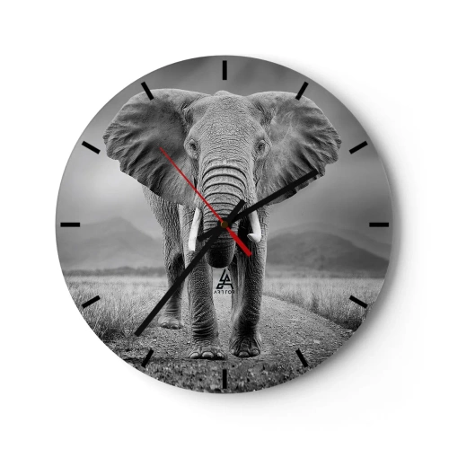 Wanduhr - Glasuhr - Ein afrikanischer Elefant vor einem Savannenhintergrund in Grautönen. - 30x30cm - Der Gastgeber heißt willkommen - Moderne Wanddekoration für Wohnzimmer, Küche und Schlafzimmer ARTTOR